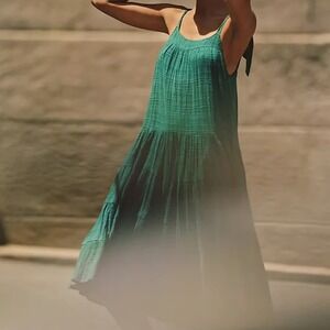 DOLAN Amalisa Tiered Midi Dress Green Plaid Gauze Tie Shoulder Size S Pockets